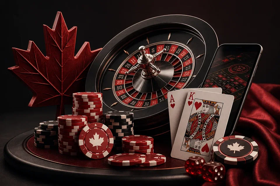 Canadian online casino with roulette, cards, chips, and mobile play