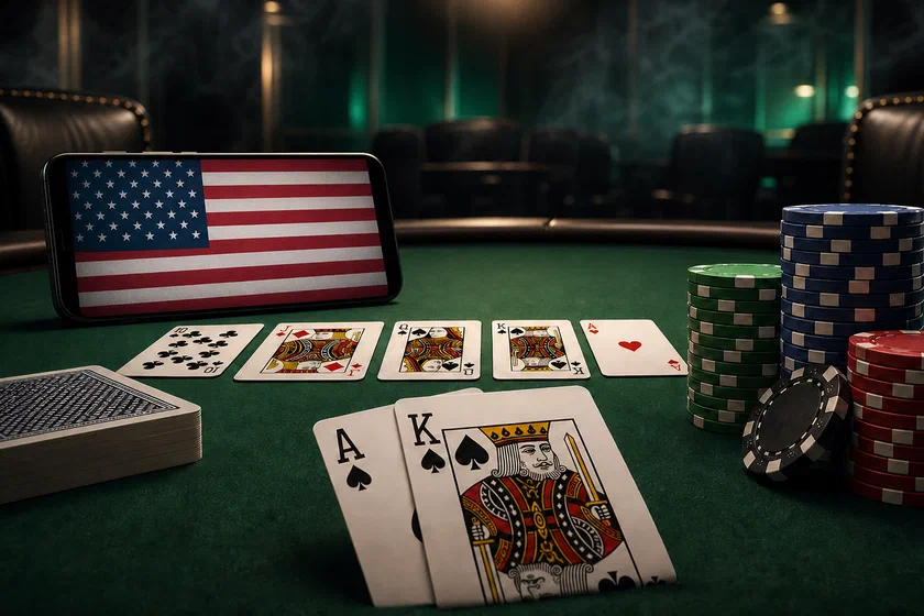 USA online poker hero with a smartphone showing the United States flag