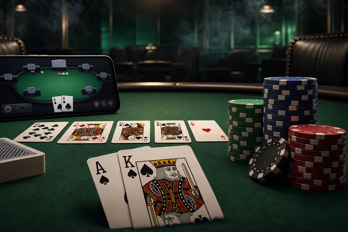 Online poker table with cards, chips, and a mobile poker room