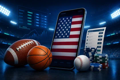 USA sports betting hero with a smartphone showing the United States flag