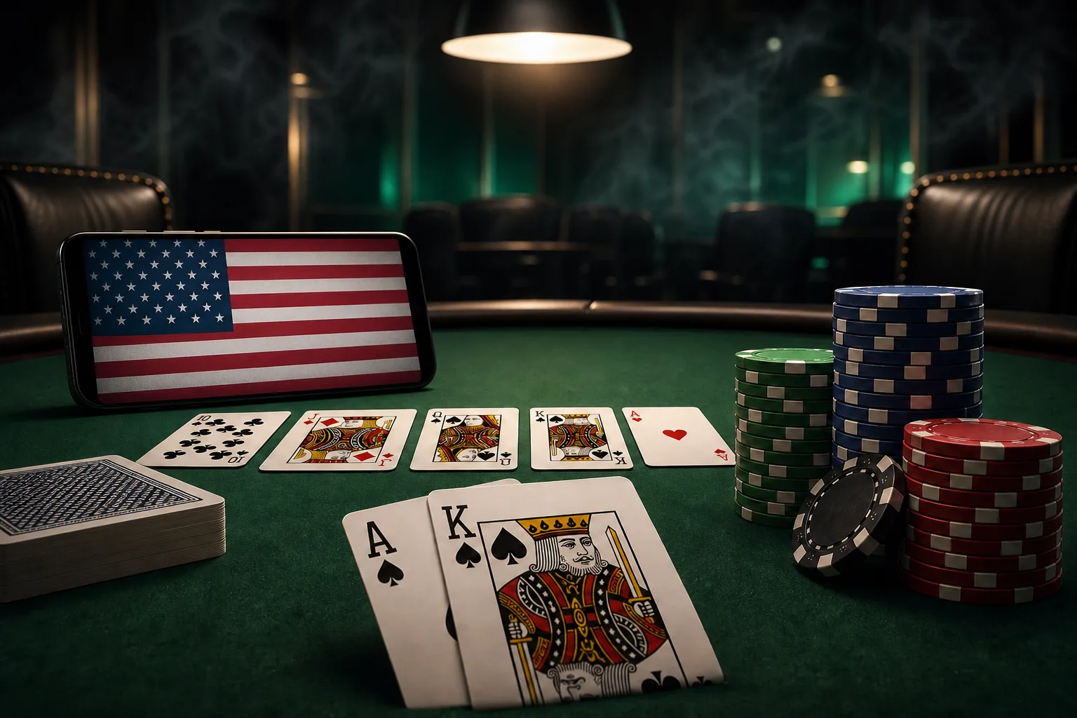 USA online poker hero with a smartphone showing the United States flag