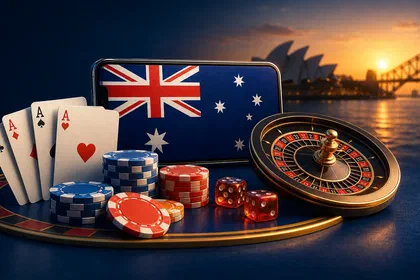 Australian online casino hero with a smartphone showing the Australia flag