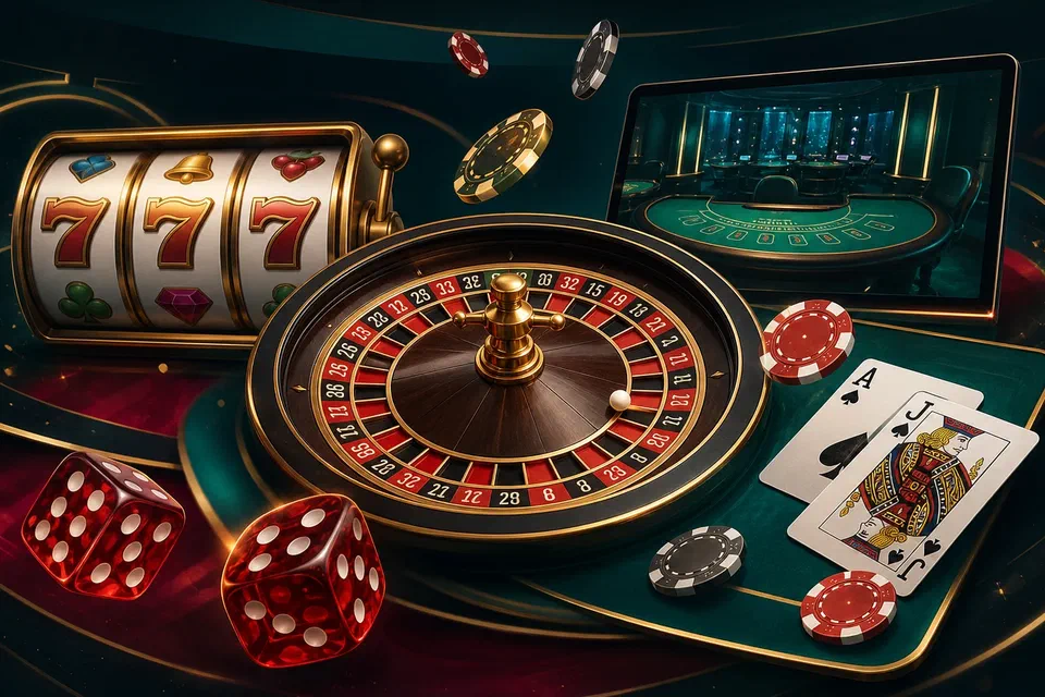 Online casino games including roulette, slots, cards, and live dealer tables