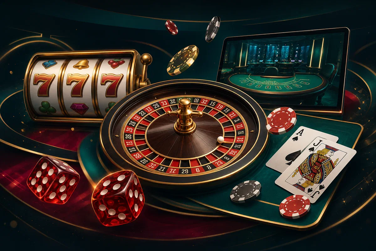 Online casino games including roulette, slots, cards, and live dealer tables