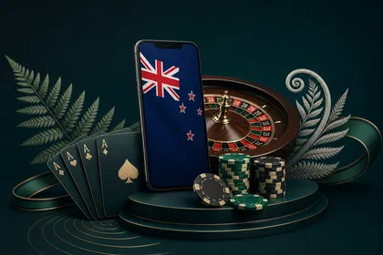 New Zealand online casino hero with a smartphone showing the New Zealand flag