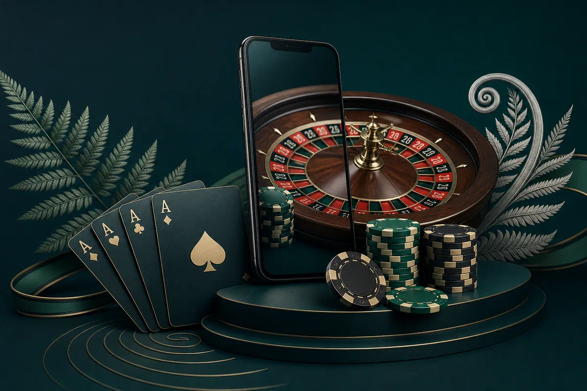 New Zealand online casino with roulette, cards, chips, and mobile play