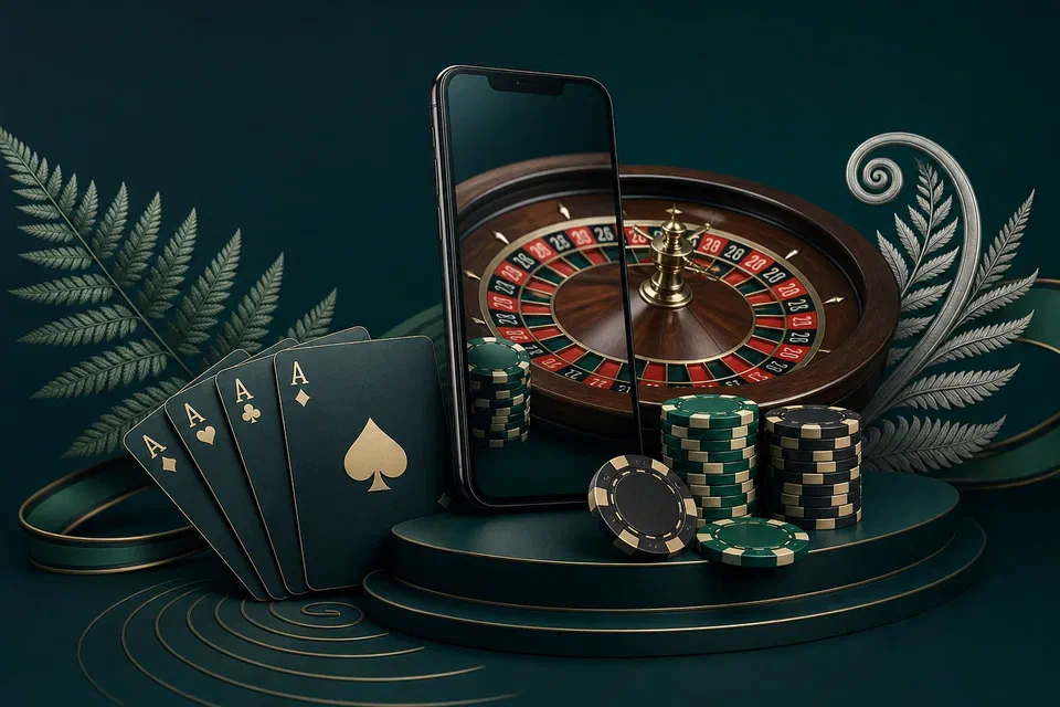 New Zealand online casino with roulette, cards, chips, and mobile play
