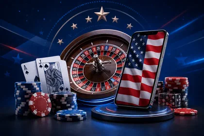 USA online casino hero with a smartphone showing the United States flag