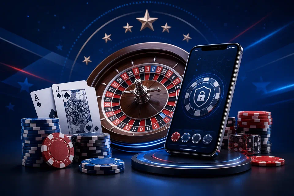 USA online casino with roulette, cards, chips, and secure mobile play